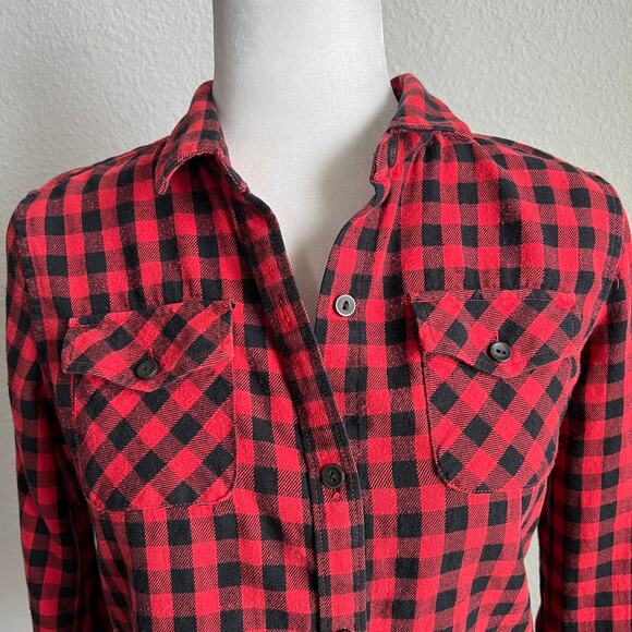 Uniqlo Red Plaid Authentic Flannel Shirt Women's M Collared Button Down Front - Picture 2 of 7